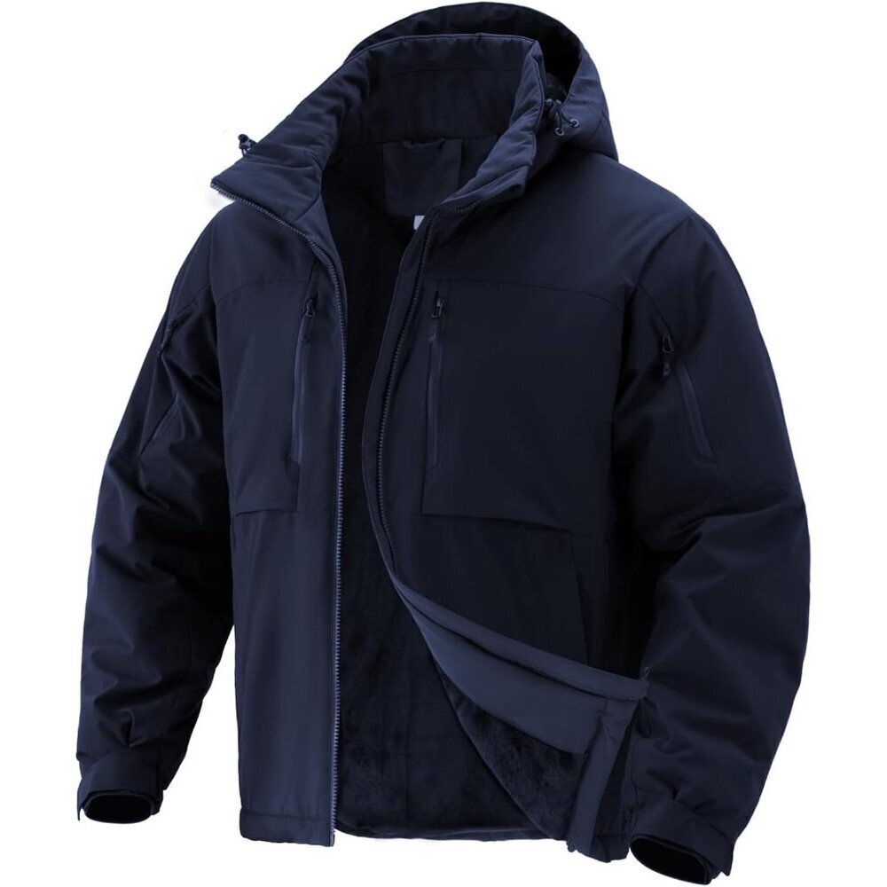 Men's Dark Blue Hood Ski Jacket Coat Skiing Fleece Lined Detachable 7 Pockets